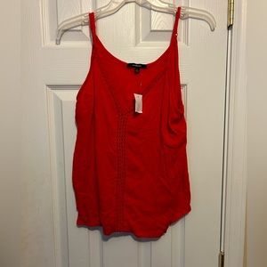 Women's👱🏽‍♀️AmbianceApparel Red Lace🧵Trim Crop Top Cami👚Spaghetti Strap Sz L